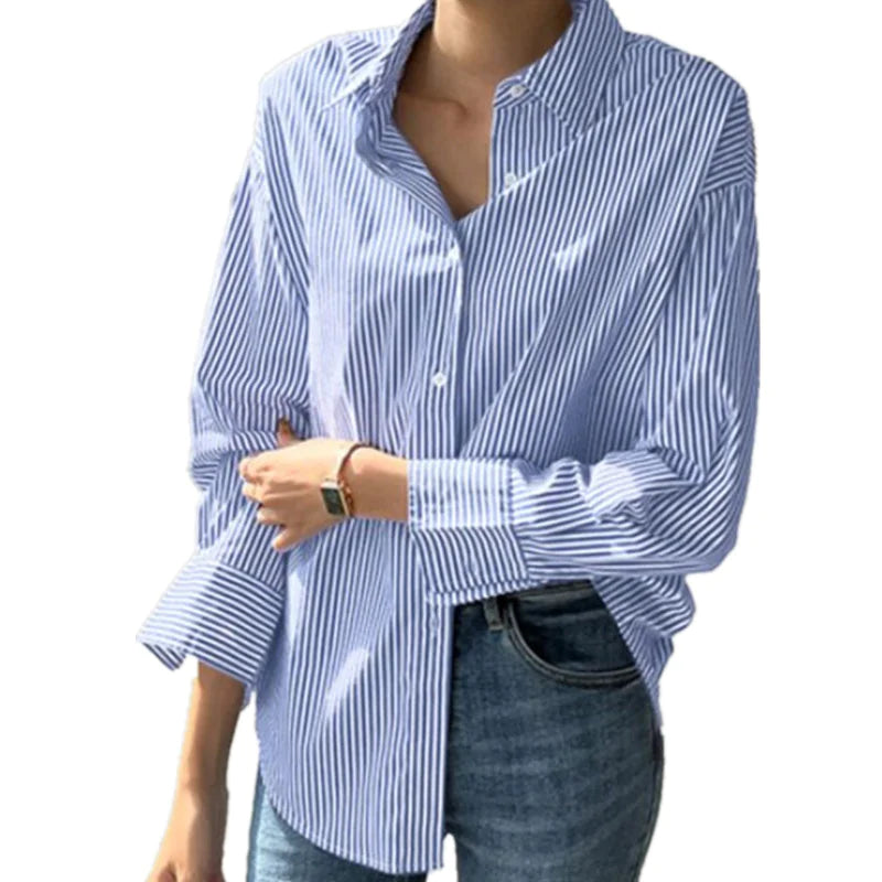 Women's Loose Fit Striped Long-Sleeved Shirt