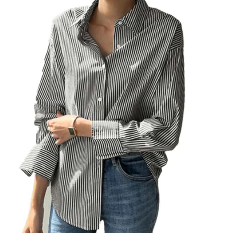 Women's Loose Fit Striped Long-Sleeved Shirt