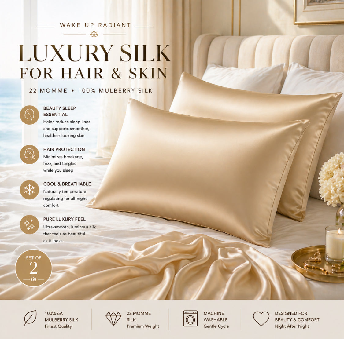 100% Mulberry Silk Ultra Luxe Beauty Pillowcase (22 Momme)