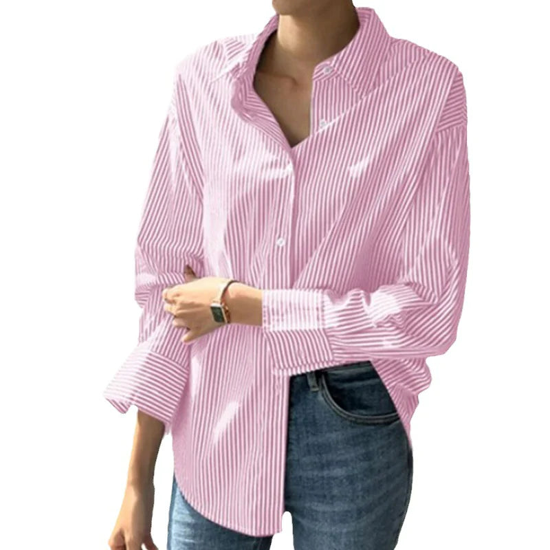 Women's Loose Fit Striped Long-Sleeved Shirt