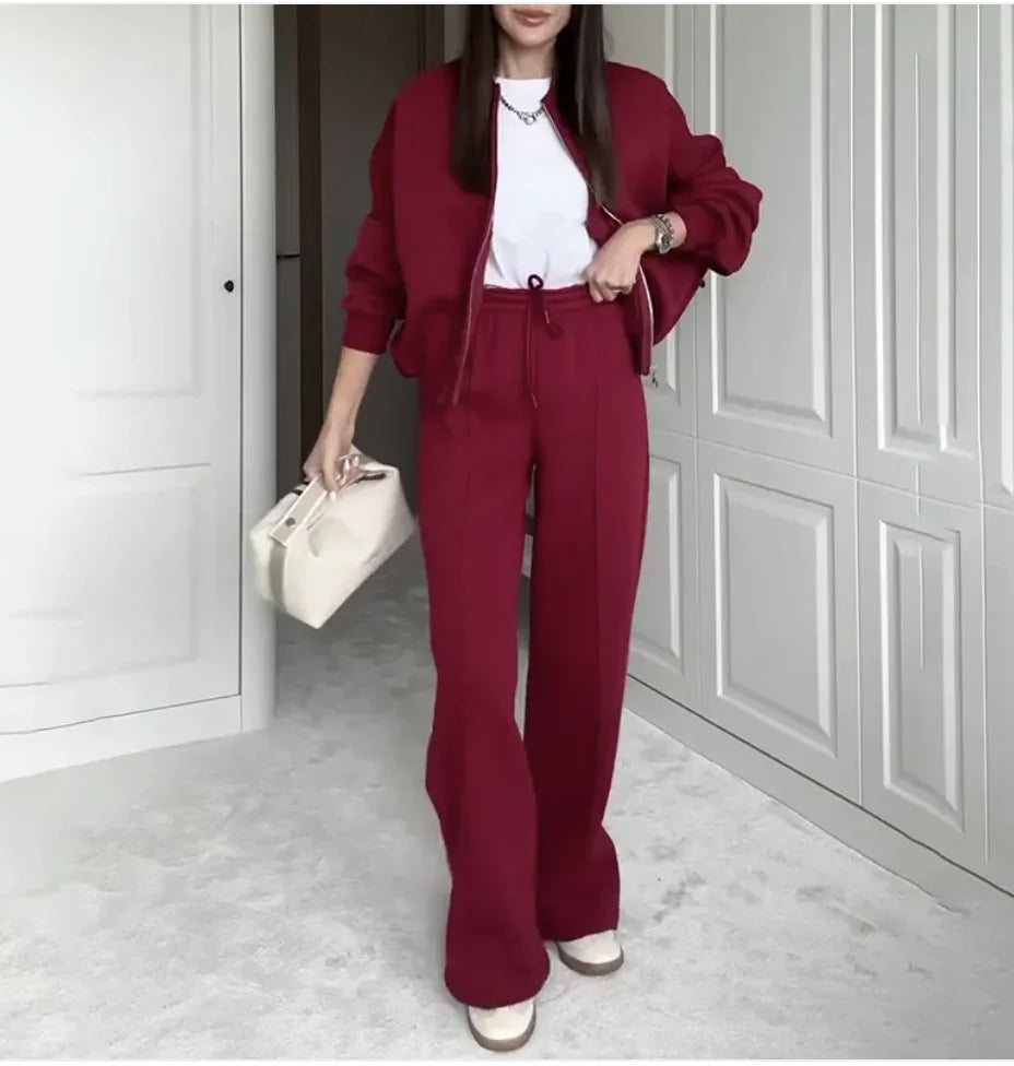 Solid Color Zip-Up Jacket and Casual Trousers Set