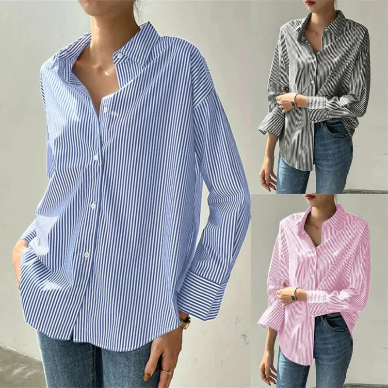 Women's Loose Fit Striped Long-Sleeved Shirt